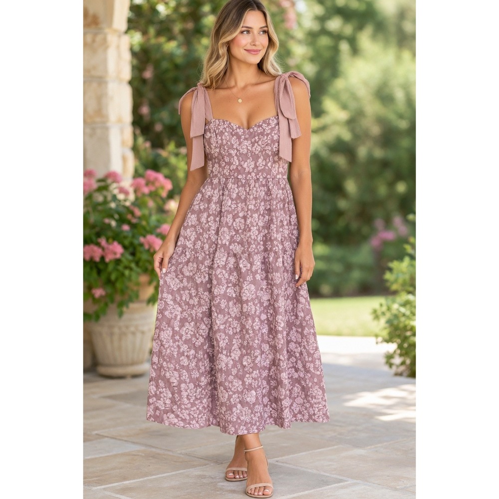 Lulus Mauve Pink Floral Strappy Midi Dress XL New Boho Cottagecore Formal
